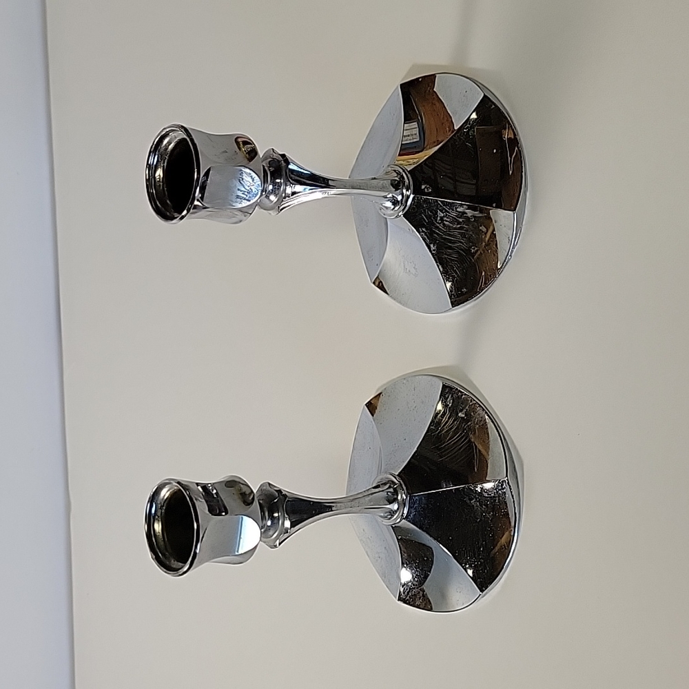 Vintage Irvinware Pair of Chrome Candle Stick Holder Retro Silver Tone 4.5"